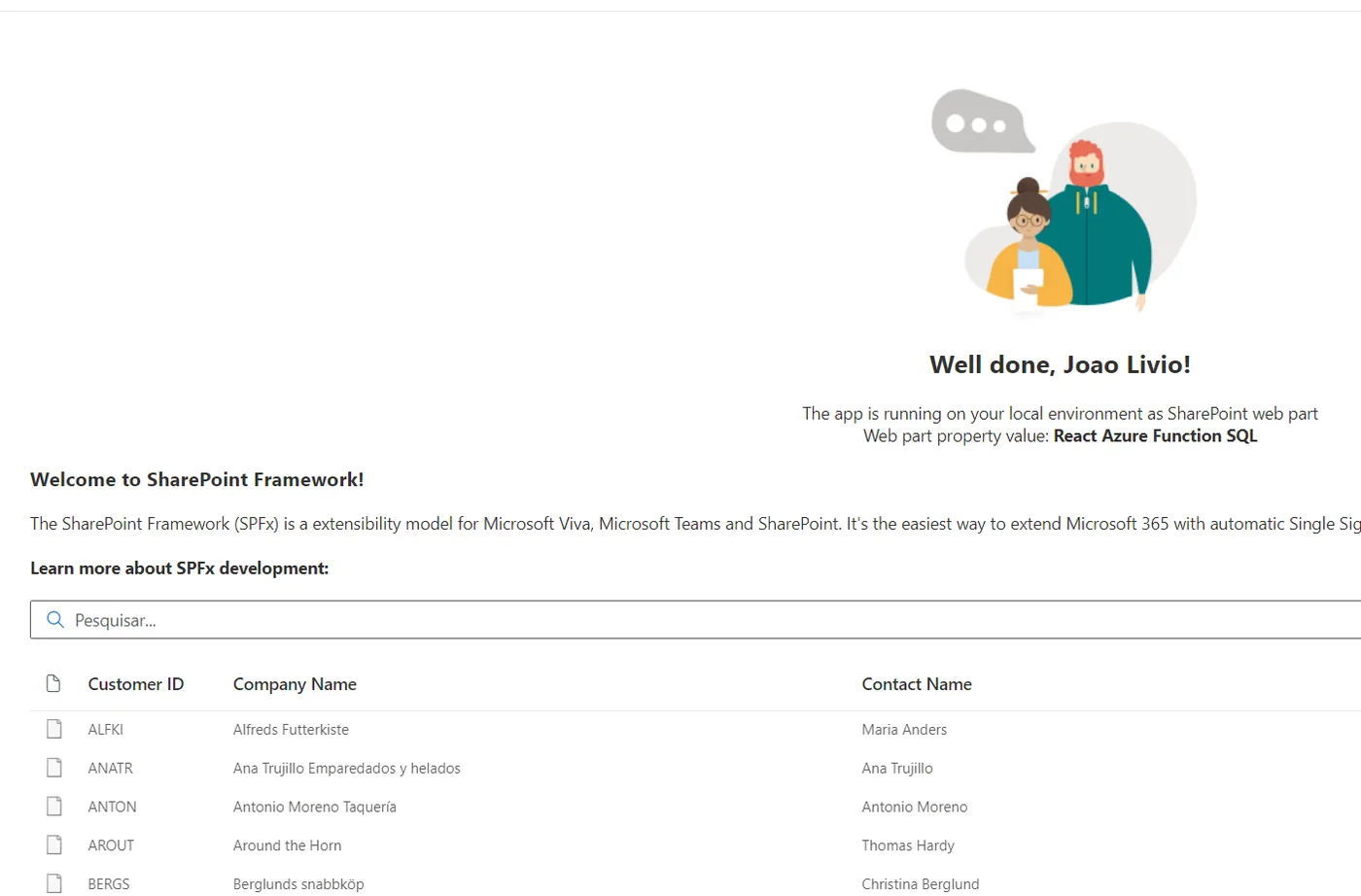La web part Northwind affichant des données renvoyées par une Azure Function App, dans une page SharePoint